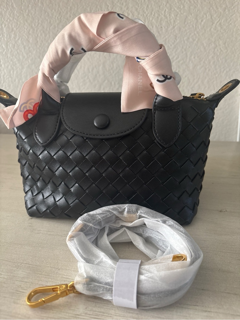 Black Woven Mini Top-Handle Bag with Pink Scarf Accent